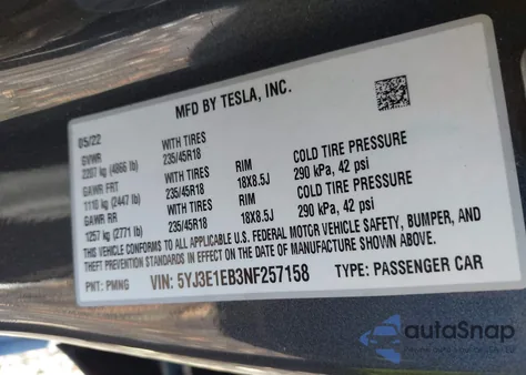 2022 Tesla Model 3 Long Range Dual Motor All-Wheel Drive z USA, uszkodzony, nr VIN 5YJ3E1EB3NF257158